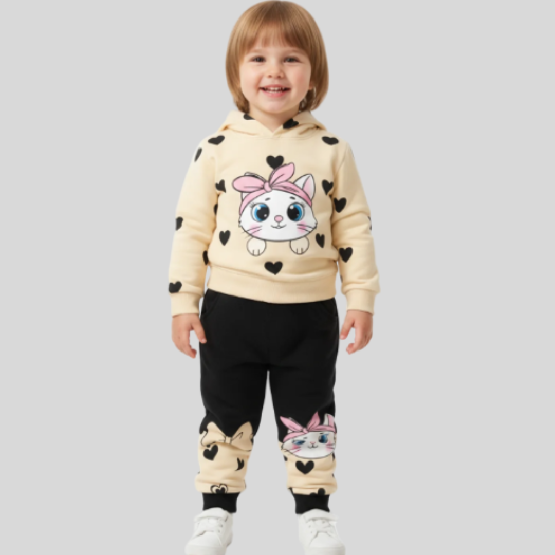 Girls' Cute Cat Hoodie & Joggers Set