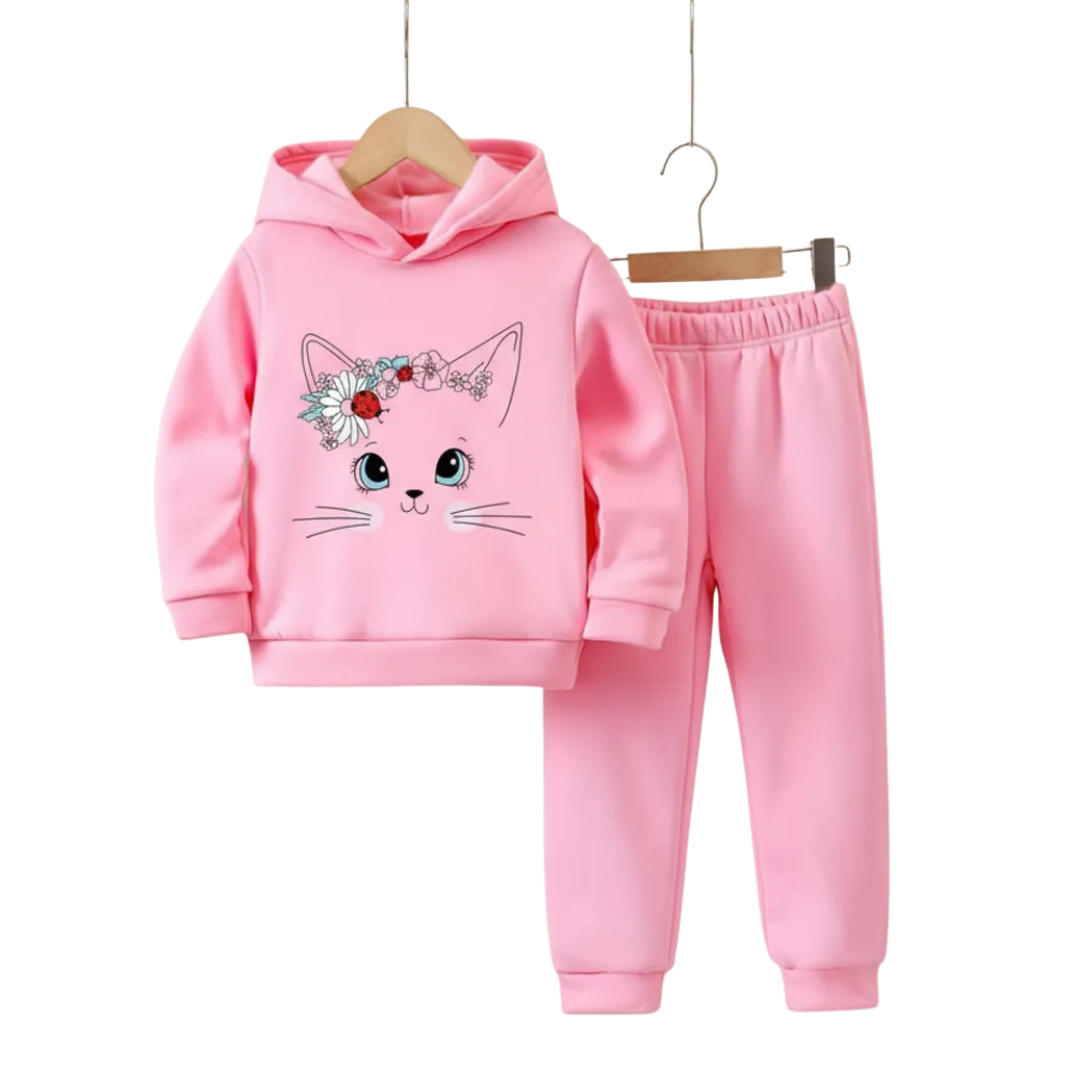 Girls & Boys ' Cute Cat Hoodie & Joggers Set