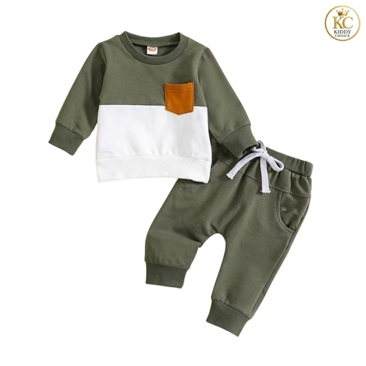 Boys' Olive Green Color-Block Sweatshirt & Joggers Set