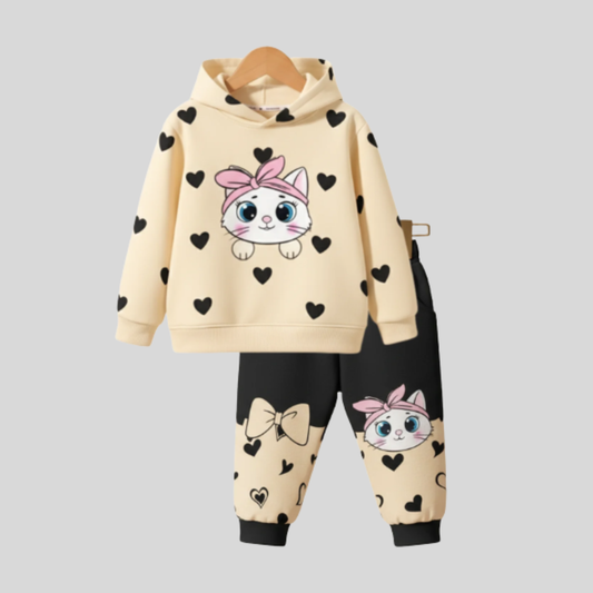 Girls' Cute Cat Hoodie & Joggers Set